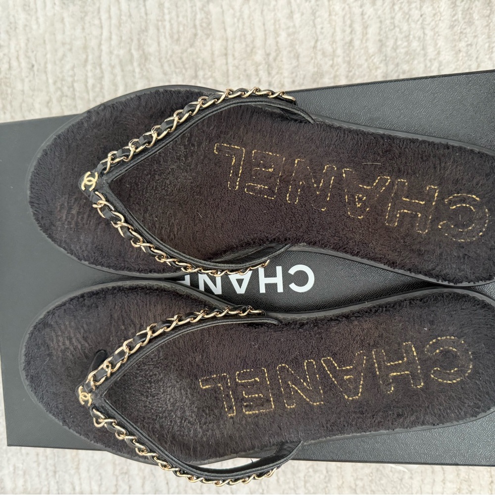Chanel Black Sandals with Gold Chain Detail